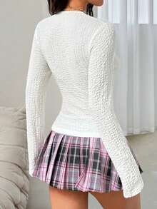 Blusa de mujer VIVINA de unicolor minimalista con textura, cuello redondo, manga larga y ajustada con botones delanteros, adecuada para primavera/verano, salidas y blusas de moda - Blanco - Ver 3