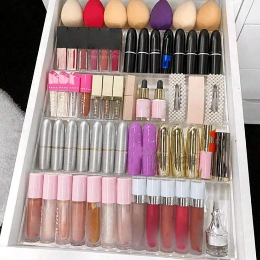 一套多功能亚克力抽屉式化妆品收纳盒托盘，可用于整理化妆品、梳妆台必备品、调料罐架，以及可折叠厨房台面收纳方案，让您轻松准备节日用品，非常适合圣诞节、感恩节、新年和情人节庆祝活动。 - 無色 - 查看 1