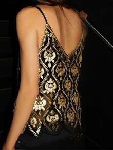 Women's Summer Slim Camisole Sparkly Sequin Spaghetti Strap V-Neck Sheer Mesh Tank Tops Streetwear - 彩色 - 查看 2