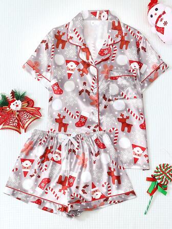 2pcs Satin Pajama Set, Christmas Snowflake & Reindeer Print Short Sleeve Lapel Top And Bow Shorts Women Sleepwear Loungewear