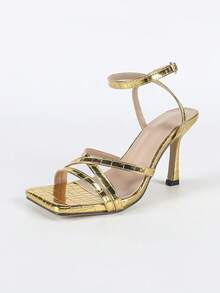 女士夏季高跟凉鞋，金色优雅女士夏季鞋，性感时尚金色高跟方头凉鞋，精致高跟新娘婚礼新娘低跟小猫跟凉鞋，女士扣环交叉带多带凉鞋，户外穿着纯色假日酒杯鞋跟纯色高端女鞋，新款夏季高跟拖鞋，户外穿着纯金色正式凉鞋，高端女士高跟鞋，时尚踝带女士高跟凉鞋（随机石纹理图案不对称） - 金色 - 查看 4