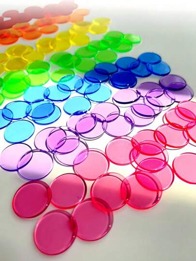 100 szt. 19 mm kolorowych, przezroczystych znaczników do gry w bingo, żetony do gry w bingo, 7 różnych kolorów: pomarańczowy, żółty, niebieski, zielony, czerwony, fioletowy, przezroczysty, (każdy o średnicy 3/4 cala), PVC, hurtowo, losy na loterię, pieski do bingo, losy na loterię, żetony do gry w bingo, piłeczki do ping-ponga, Monopoly, Bingo i przyjaciele, piłeczki do ping-ponga, żetony do gry, Monopoli