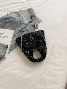 1pc Elegant Beige Sequin Embellished Minimalist Shiny Handbag, Suitable For Formal Events, Parties, Dates