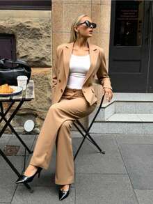 Zalla Blazer And Palazzo Pants Set With Lining And Decorative Button - 米色 - 查看 3