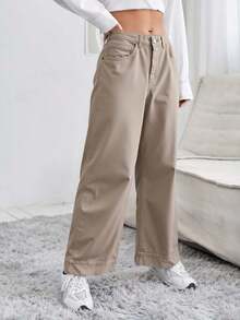 Pantalones casuales largos acampanados para mujer, tela no elástica, elegantes y cómodos para uso diario. - Crema - Ver 3