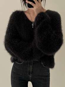 女士 V 领毛衣，柔软仿貂皮休闲长袖上衣