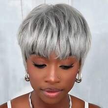 Chic Silver Grey Pixie Cut Brazilian Human Hair Wig 6" Short Straight Layered Hair Glueless Wig With Bangs 150% Density Daily Wear Wig For Women Holiday Wear Party Wear - 灰色 - 查看 3