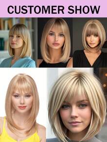 带刘海的波波头假发 8英寸短款波波头假发 女士耐热真人发假发 外观自然 适合日常佩戴 #12P613