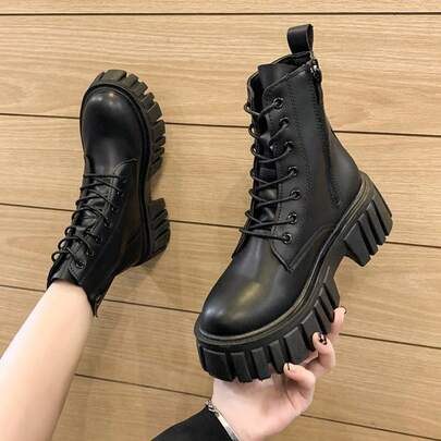 Fashion Black Boots, Thick Sole Elevator, Lace-Up + Side Zipper, Streetwear Short Boots