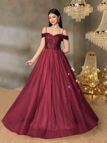 ALISA&LEO Teen Girls' Sequin A-Line Evening Gown - Off-Shoulder Sweetheart Neckline, Sheer Tulle Skirt & Fitted Sequin Bodice For Graduation Proms, Wedding Guest Outfits, Formal Dinners & Luxury Galas
