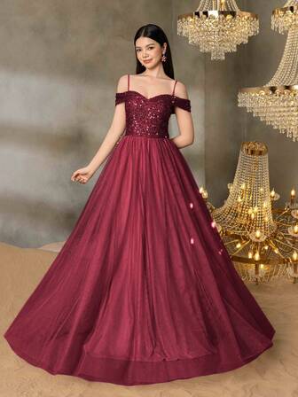 ALISA&LEO Teen Girls' Sequin A-Line Evening Gown - Off-Shoulder Sweetheart Neckline, Sheer Tulle Skirt & Fitted Sequin Bodice For Graduation Proms, Wedding Guest Outfits, Formal Dinners & Luxury Galas