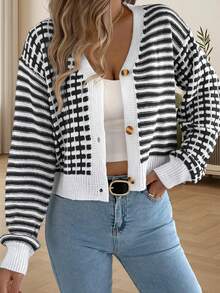 Women's Sweater Button Down Fall Cardigan Lantern Long Sleeve V Neck Knitted Jacket