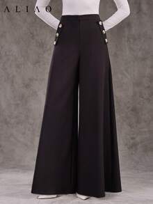 Aliao Excellent Slant Pockets Oversized Wide-Leg Trousers, All Black, Back To School, Basic, Autumn & Winter, Elegant, Modest, Business Casual Woman, Homecoming, Bohemian