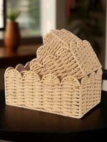 3 件 (S+M+L)/1 套卡其色编织波西米亚风格桌面收纳篮套装，适用于零食、化妆品、玩具和其他家居用品，适用于咖啡桌或钥匙篮、桌面装饰收纳篮、入口客厅收纳盒 - 卡其色 - 查看 3