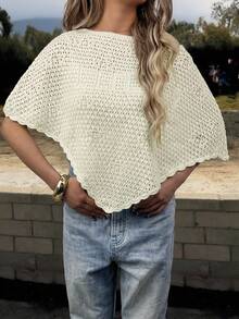 ملابس علوية كاجوال صيفية كبيرة الحجم للنساء ذات لون أحادي وطبعة حرف محظوظ بأكمام خفافة، ملابس علوية محبوكة شبكية مفرغة مناسبة للعطلات والشاطئ مع حافة غير متماثلة