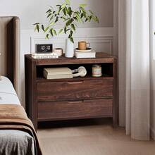 Drawer Cabinet, Side Table, Bedside Table, Storage Table, Brown P2 Density Board + Solid Wood Veneer Frame 75*40*61CM Two Drawers With Upper Compartment Bedside Table Mid-Century Modern - 棕色 - 查看 3