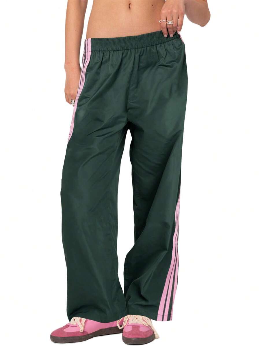 Striped Track Sweatpants For Women Y2K Elastic Waist Wide Leg Vintage Cute Parachute Pants - 綠色 - 查看 1