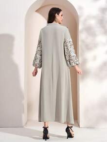 女士撞色翻领优雅长袖阿拉伯连衣裙 春季 - 綠色 - 查看 2