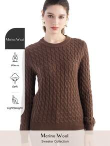 女式美利奴羊毛毛衣 2025 秋冬经典麻花圆领长袖保暖柔软针织套头衫 - 駝色 - 查看 2