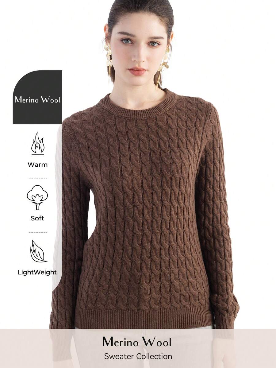 女式美利奴羊毛毛衣 2025 秋冬经典麻花圆领长袖保暖柔软针织套头衫
