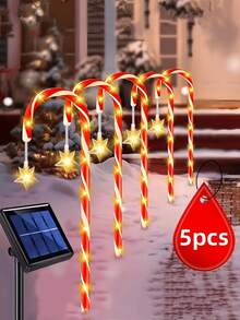 Solar-Powered Christmas Candy Cane Lights Set - 5pcs Warm White LED Outdoor Decor For Yard, Garden & Tree, Christmas Decor