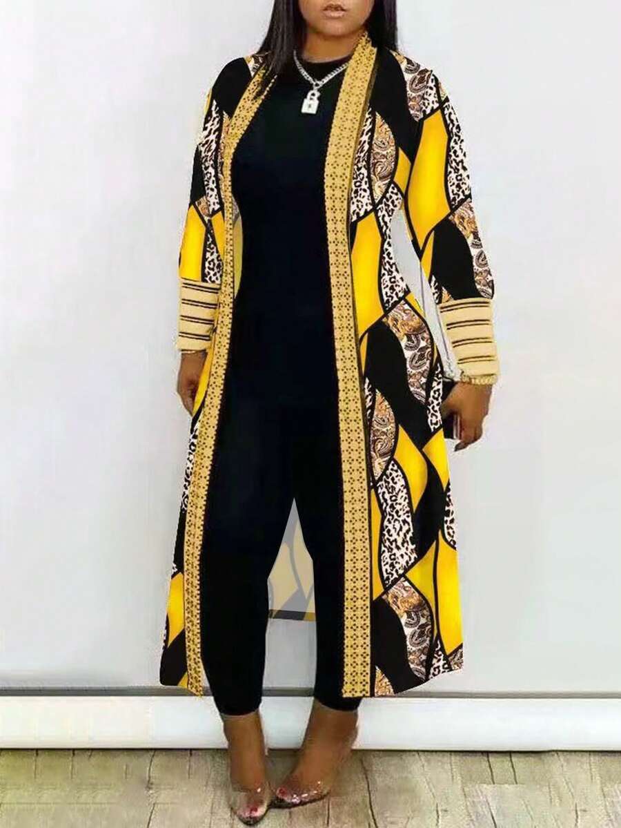 Plus Size Women's Fashion Color Block Digital Printed Open Collar Jacket - 黃色 - 查看 1