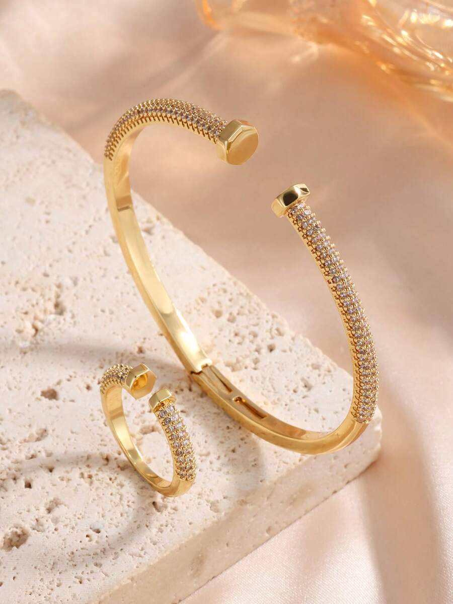 rakol 2pcs Cubic Zirconia Decor Minimalist Fashion Nail-Shaped Open Bangle Bracelet & Adjustable Ring Set - Jewelry Set - View 1