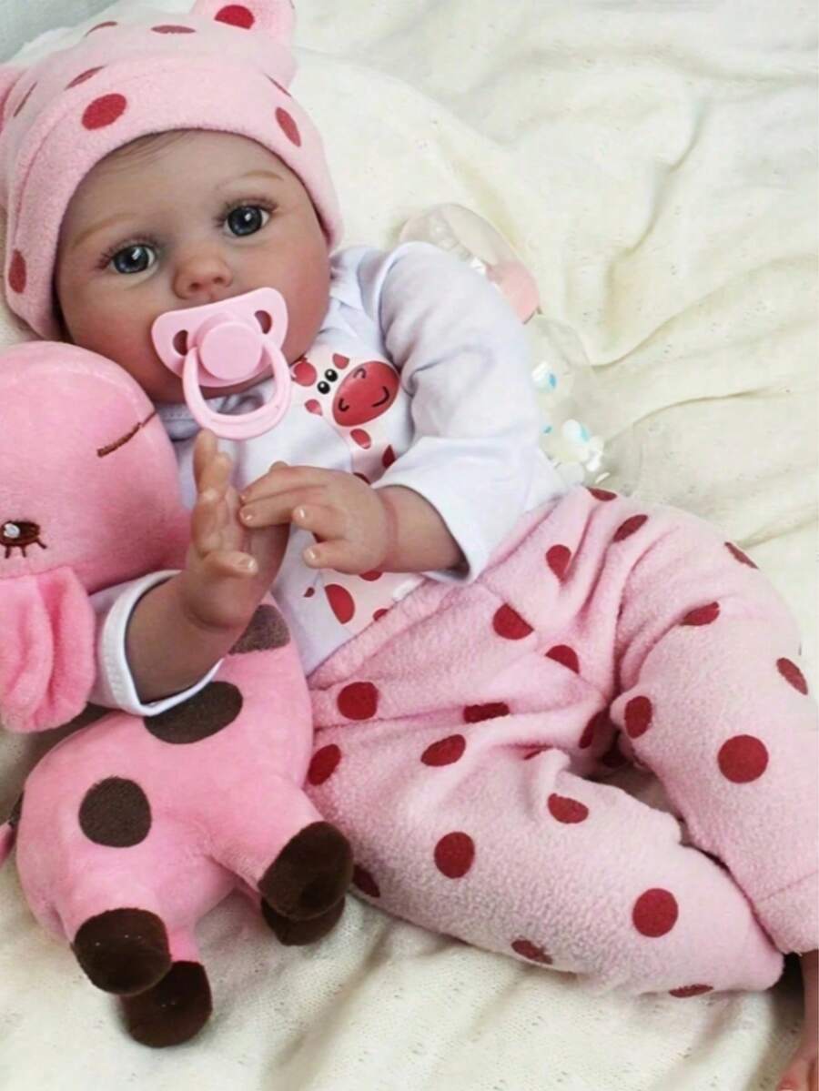 22 Zoll realistische Neugeborene-Puppe, rosa Giraffe-Gestalt - weiche Vinyl-Gliedmaßen und Stoffkörper, ausdrucksreiches Herz-Gesicht, Simulation von hellbeige Muskeln, Kleidung - Ideales Weihnachtsgeschenk für Mädchen (55 cm) - mischen - Übersicht 1