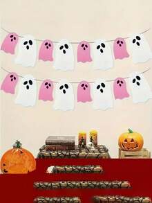 Spooky Pink & White Felt Garland White Pink Ghost Garland Felt Ghost Banner For Haunted House Fireplace Indoor Outdoor Halloween Party Decorations Supplies,Christmas Indoor/Outdoor Decor