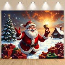 Eine Weihnachts-Kulisse mit dem Weihnachtsmann, Geschenken und verschneiten Szenen, perfekt für festliche Fotografie. Ideal für Partydekorationen, Familienfotos und Winterwunderland-Themen. Sowohl für den Innen- als auch Außenbereich geeignet. Leuchtende Farben für Weihnachtsdekorationen.