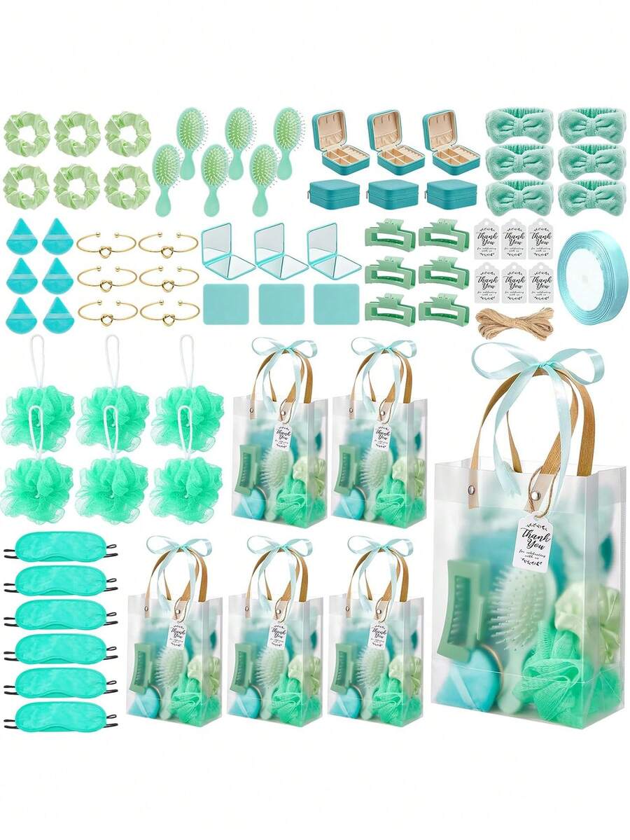 68/74PCS/6Sets Birthday Party Prizes For Winners Gifts Headband Hair Brush Jewelry Box Compact Mirror Powder Puff Hair Tie Claw Gift Bag Bridal Shower - 彩色 - 查看 1