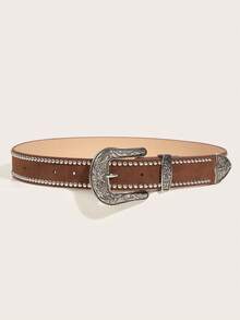 1 pieza Nuevo cinturón de cintura de toro negro de mujer de PU (poliuretano), vestido exterior de PU estampado a mano, estilo occidental versátil adecuado para uso diario - Marrón - Ver 2