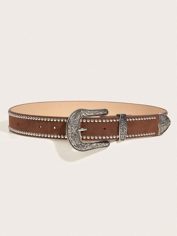 1 Peça Novo Cinto de Cintura Preto de Touro de Rua em PU (Poliuretano) para Mulheres, Vestido Externo em PU Gravado à Mão, Estilo Ocidental Versátil Adequado para Uso Diário - Castanho - Visão 2