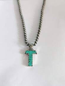 1pc Western Country Style Vintage Textured CCB Multicolor Leopard Print Black & White Plaid 26 Letter Minimalist Pendant Necklace, Sweater Chain