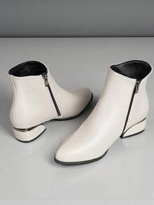 1 Pair Teens/Women's Beige Pointed Toe Ankle Boots, Chunky Heel, Side Zipper, Minimalist & Comfortable, Versatile Fashion Boots For Students & Party