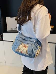 新款休闲时尚柔软牛仔布多层斜挎包，多口袋设计，多功能通勤大容量女士单肩包，适合工作通勤、购物和旅行，是牛仔女孩的完美之选。 - 藍色 - 查看 7