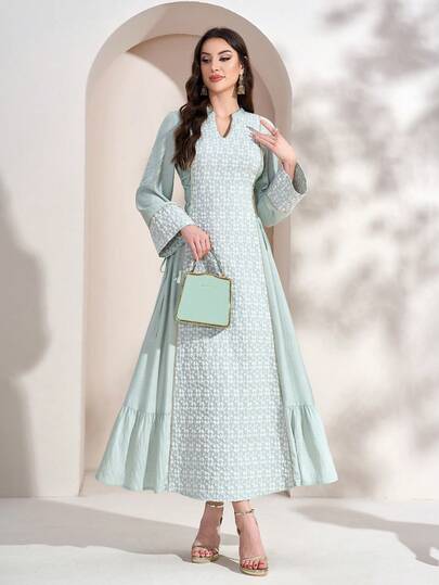 Women's Printed Minimalist Everyday Arabic Style Dress, Women's Solid Color Radish Print Patchwork Elegant Long Cinched Waist Waist Dress, Ribbon Patchwork Long Sleeve Dress, Suitable For Everyday, Dates, And Multiple Occasions