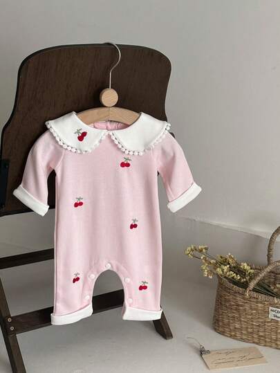 INS 新生女婴花卉樱桃刺绣休闲连体裤，春秋