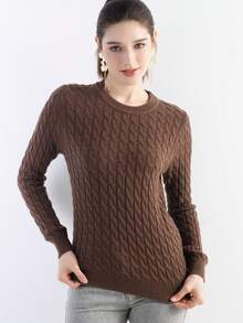 女式美利奴羊毛毛衣 2025 秋冬经典麻花圆领长袖保暖柔软针织套头衫 - 駝色 - 查看 4