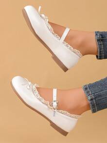 Elegant Women's Bow Decor Lace Trim Flat Ballet Flats, Suitable For Spring/Autumn Outdoor Travel, Party, Music Festival, White Cute Princess Shoes For Christmas Performance - White - View 6