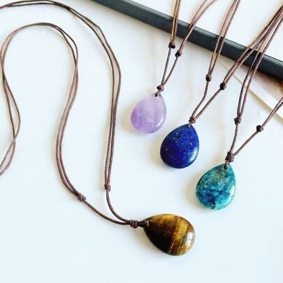 Collar colgante con gota de agua de cuarzo rosa natural, ojo de tigre, sodalita, apatita azul, amazonita, obsidiana, collar ajustable trenzado hecho a mano estilo Y2K, regalo para mujeres