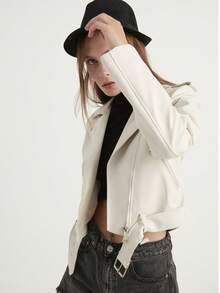 Casual Zipper Pocket Belt Leather Jacket, Solid Color, All Seasons - White - View 4