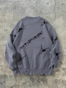 男女皆宜的哥特风复古字母嵌花图案宽松休闲圆领插肩长袖套头毛衣，秋冬季时尚之选 - 灰色 - 查看 4