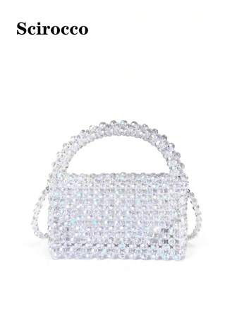 全新迷你黑色串珠手提包，配有手柄和肩带