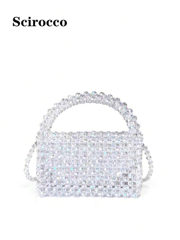 New Mini Black Beaded Handbag With Handle And Shoulder Strap