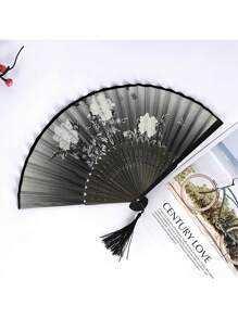 1 件古董折叠竹扇，中式折叠扇，舞蹈扇饰有黑色蝴蝶流苏花卉图案，传统舞蹈扇，手工扇优雅