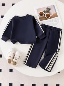 Conjunto de Moletom de Gola Redonda de Manga Longa Listrado e Calça Reta de Cintura Elástica Listrada para Menino/Menina Casual