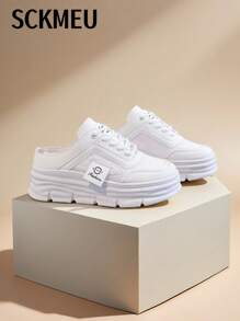 SCKMEU 1 双女式网眼拼布一脚蹬穆勒鞋，厚底时尚休闲运动鞋 - 白色 - 查看 3