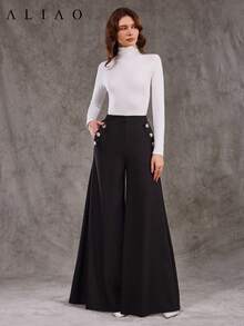 Aliao Excellent Slant Pockets Oversized Wide-Leg Trousers, All Black, Back To School, Basic, Autumn & Winter, Elegant, Modest, Business Casual Woman, Homecoming, Bohemian