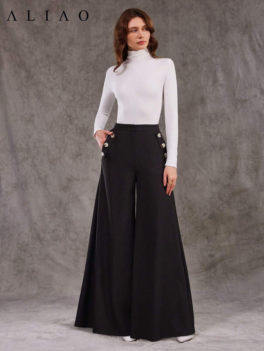 Aliao Excellent Slant Pockets Oversized Wide-Leg Trousers, All Black, Back To School, Basic, Autumn & Winter, Elegant, Modest, Business Casual Woman, Homecoming, Bohemian